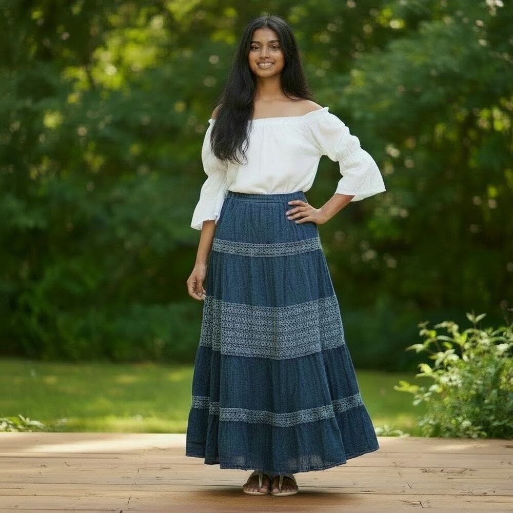 NAO Blue Crinkle Boho Tiered Maxi Skirt Lace Cruise Travel Teacher Size Large